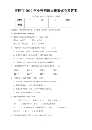 宿迁2019年小升初语文模拟试卷及答案