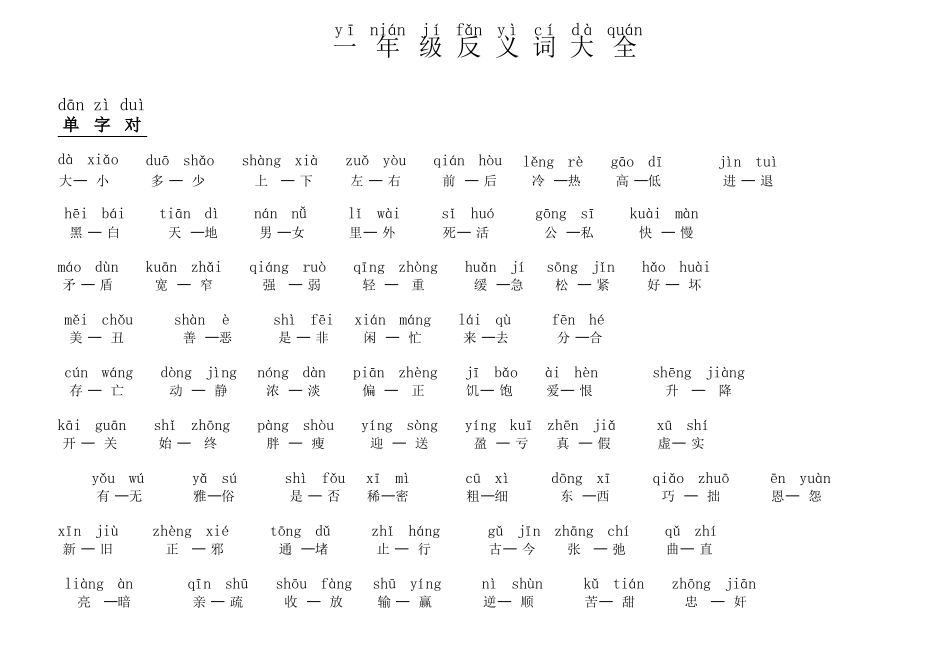 小学一年级-反义词带拼音_第1页