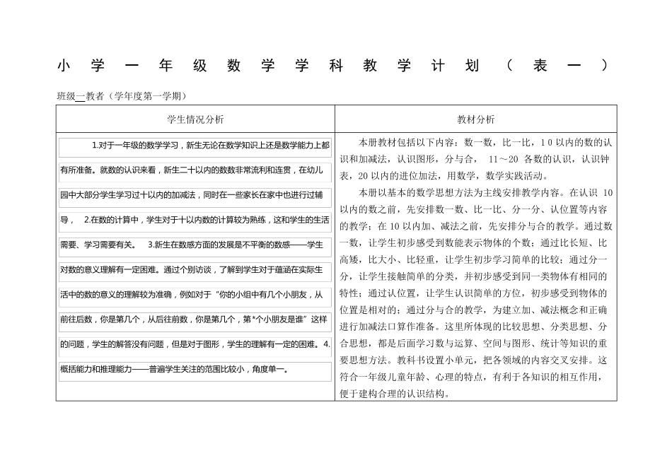小学一年级数学学科教学计划_第1页