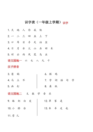小学一年级识字、生字表
