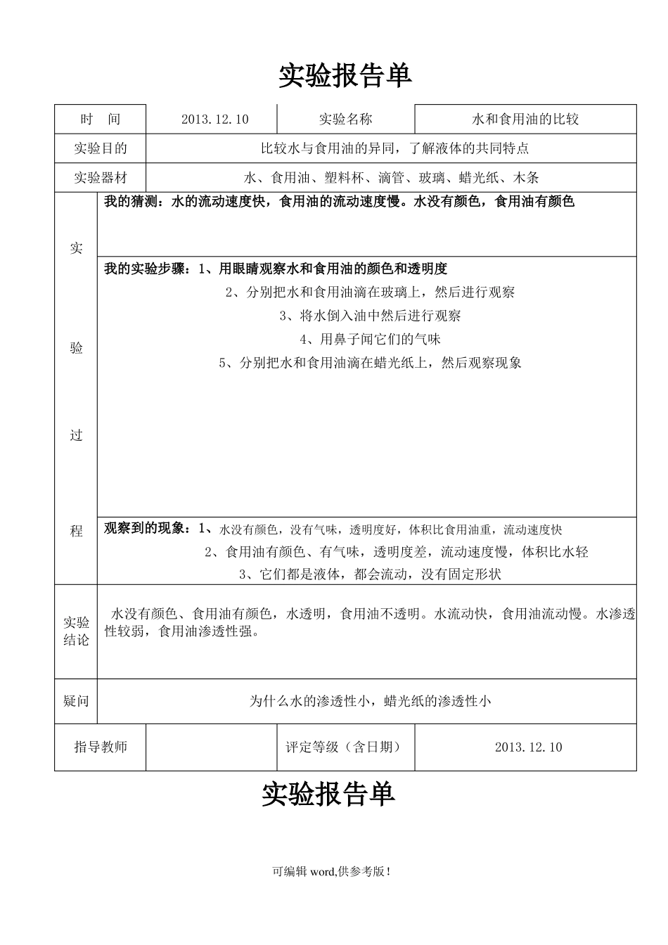 小学三年级科学上水和空气试验报告单_第1页