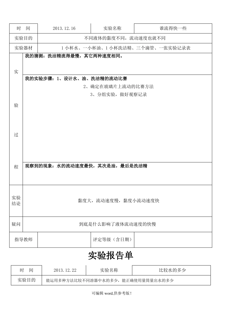 小学三年级科学上水和空气试验报告单_第2页