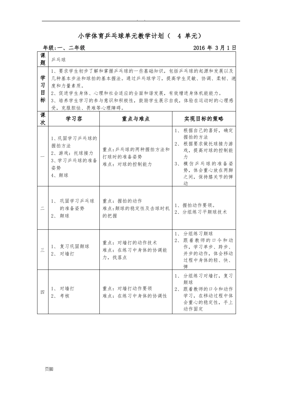 小学乒乓球课教学计划_第1页