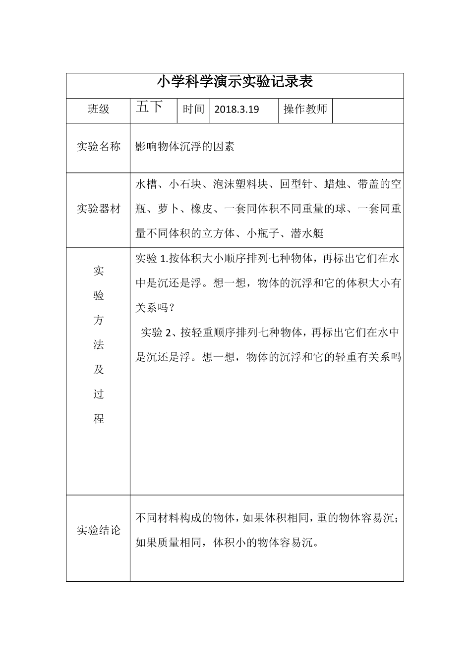 小学五下科学演示试验记录表_第2页