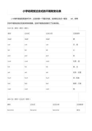 小学动词变过去式的不规则变化表
