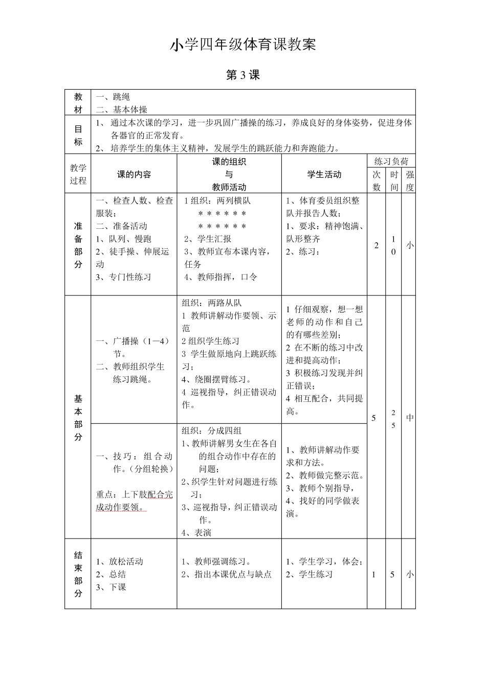 小学四年级体育课教案_第3页