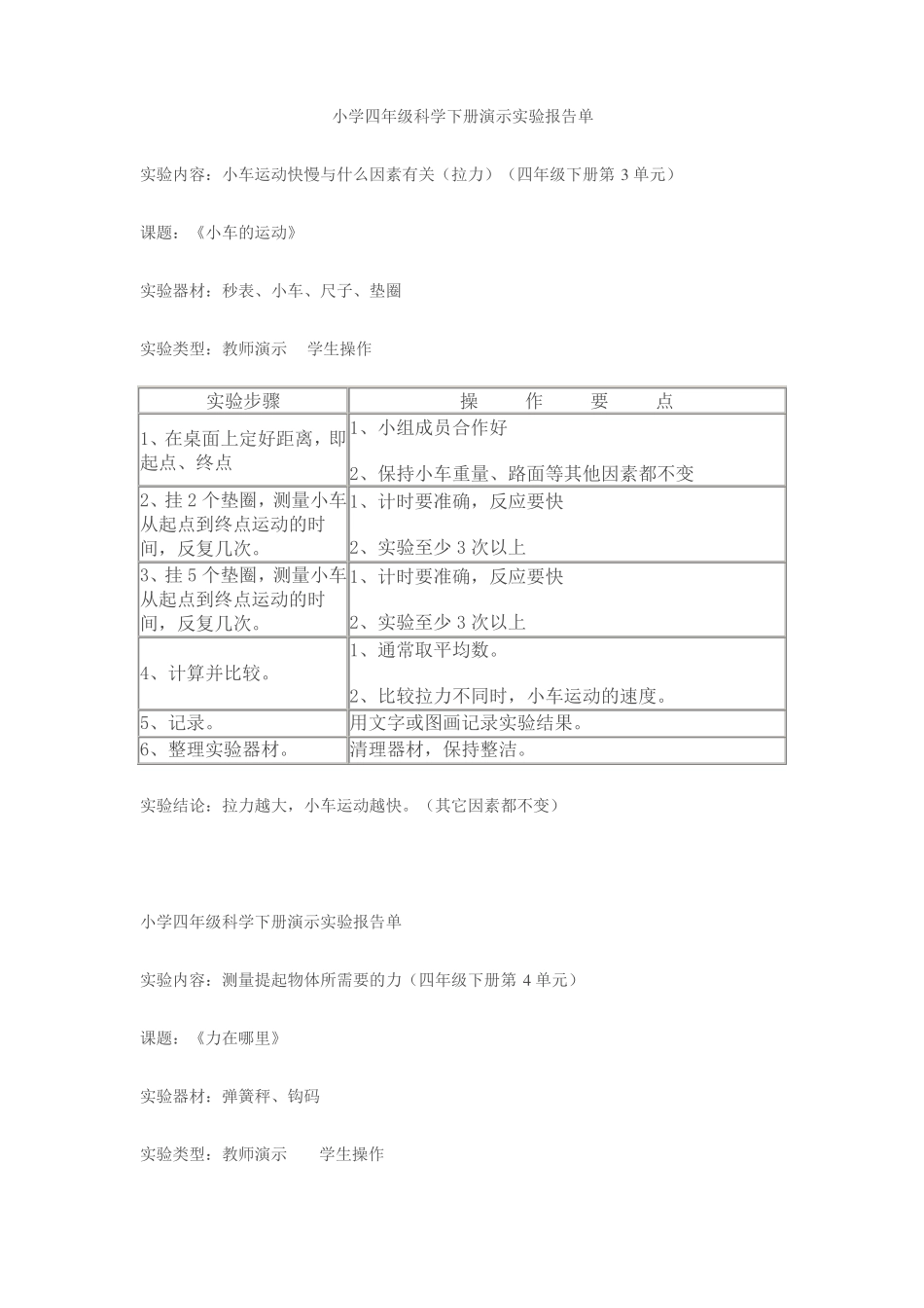 小学四年级科学下册演示试验报告单_第1页