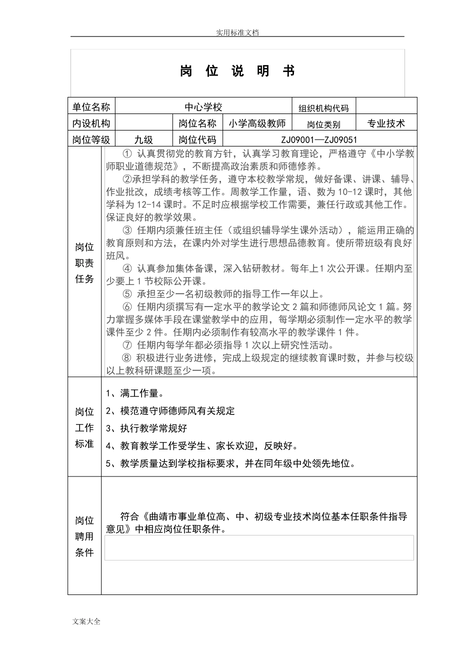 小学教师岗位说明书_第2页
