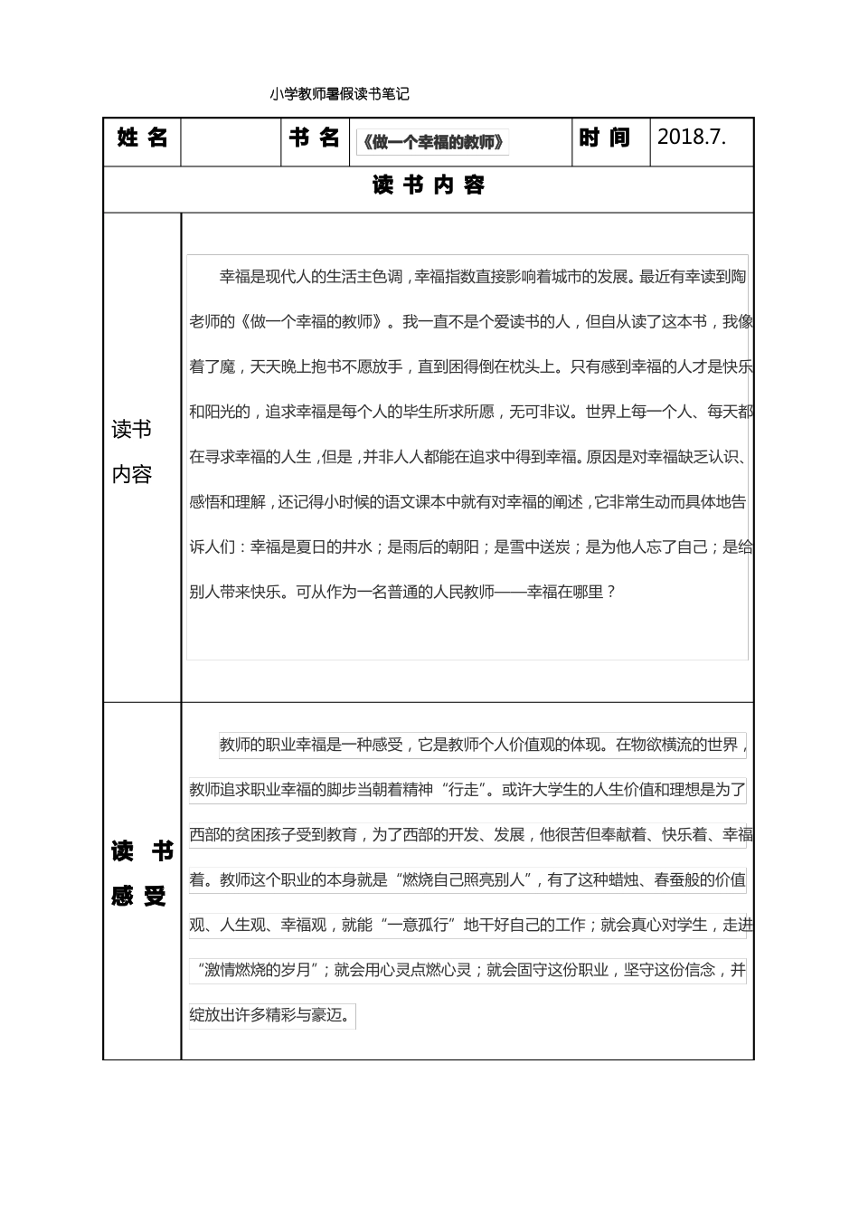 小学教师读书笔记样表_第1页