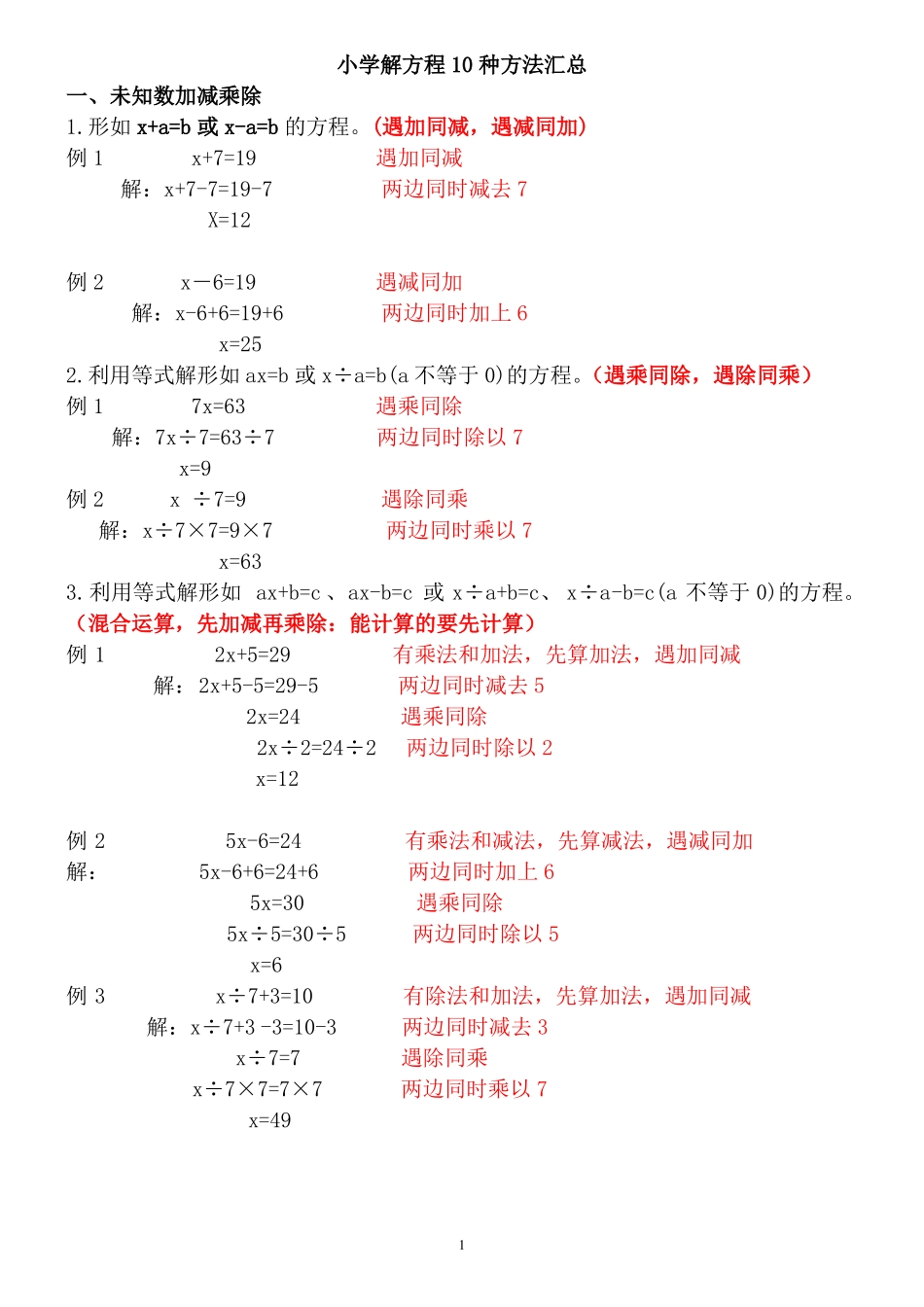 小学数学解方程10种方法,解方程其实很简单经典集锦_第1页