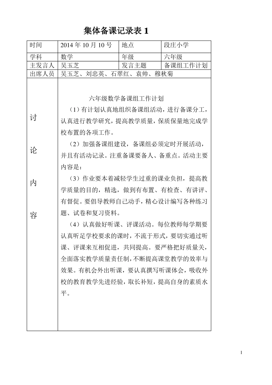 小学数学集体备课记录表_第1页