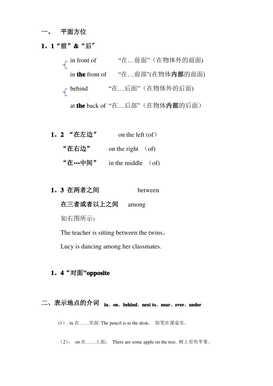 小学方位介词讲义与习题全面_第1页