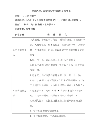 小学科学试验操作项目及技能要求