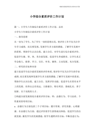 小学综合素质评价工作计划