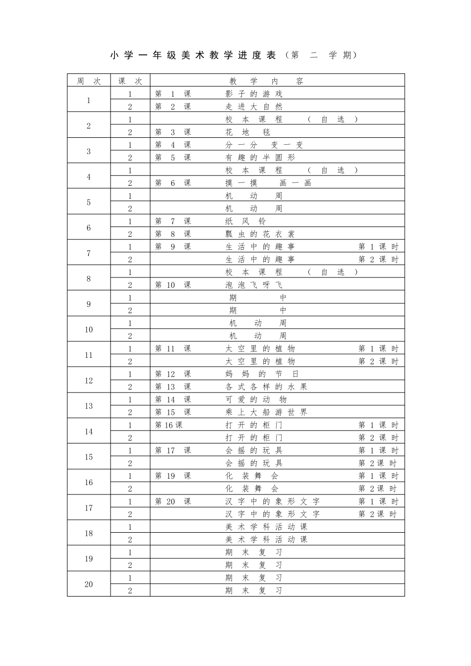 小学美术教学进度表_第2页