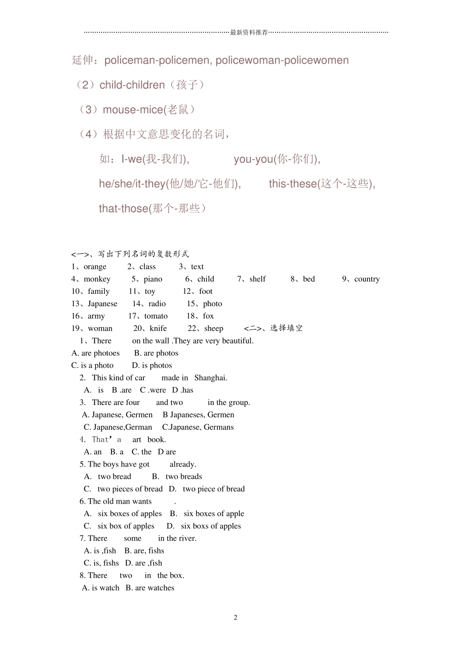 小学英语可数名词单数变复数规律及习题精编版_第2页