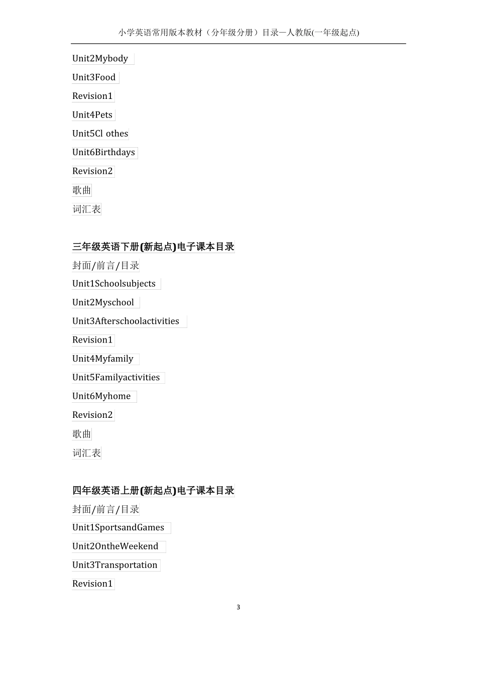 小学英语常用版本教材分年级分册目录—人教版一年级起点_第3页