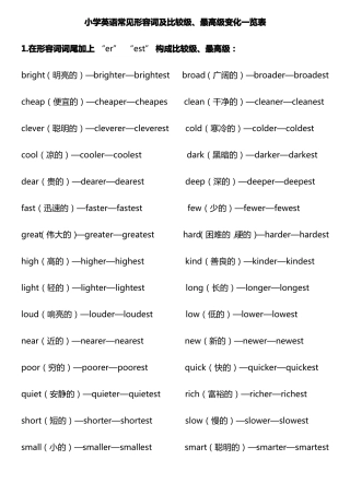 小学英语常见形容词及比较级、最高级变化一览表