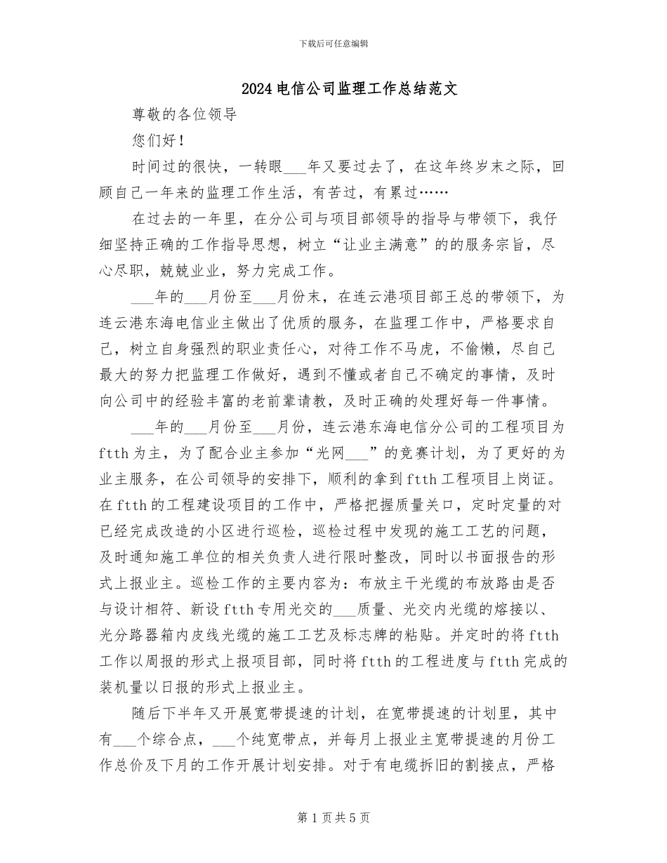 2024电信公司监理工作总结范文_第1页