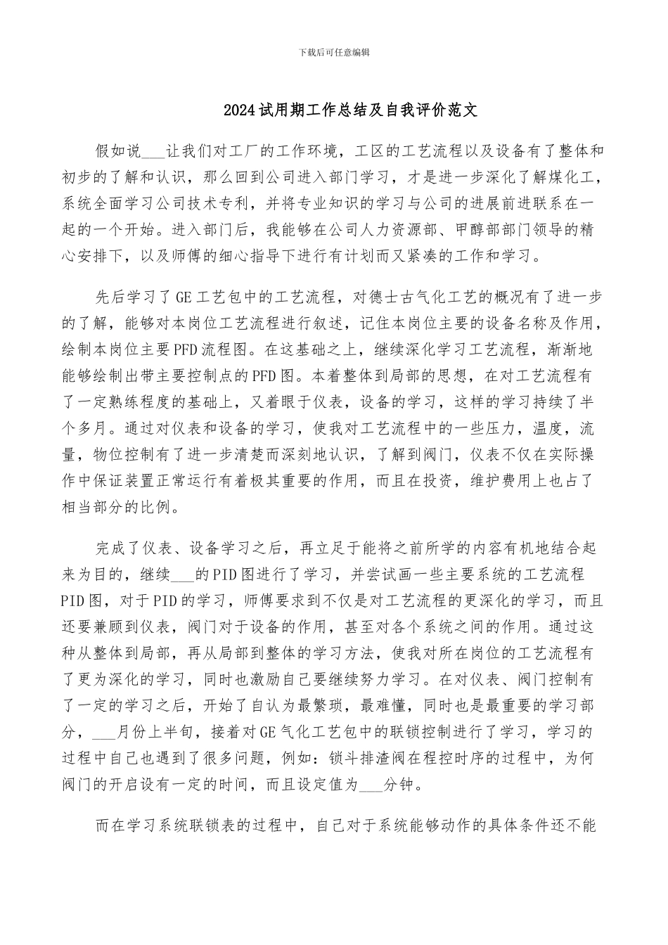 2024试用期工作总结及自我评价范文_第1页