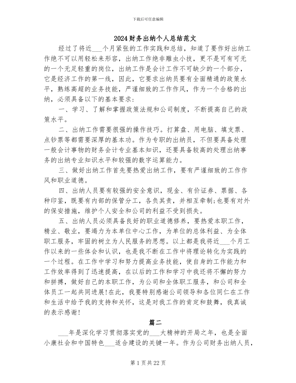 2024财务出纳个人总结范文_第1页