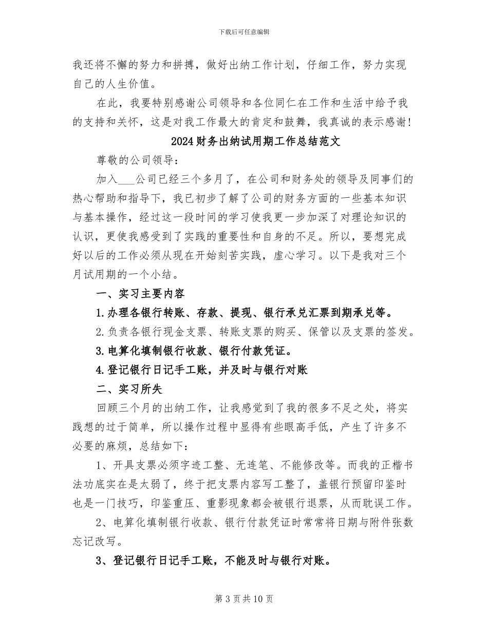 2024财务出纳试用期工作总结_第3页