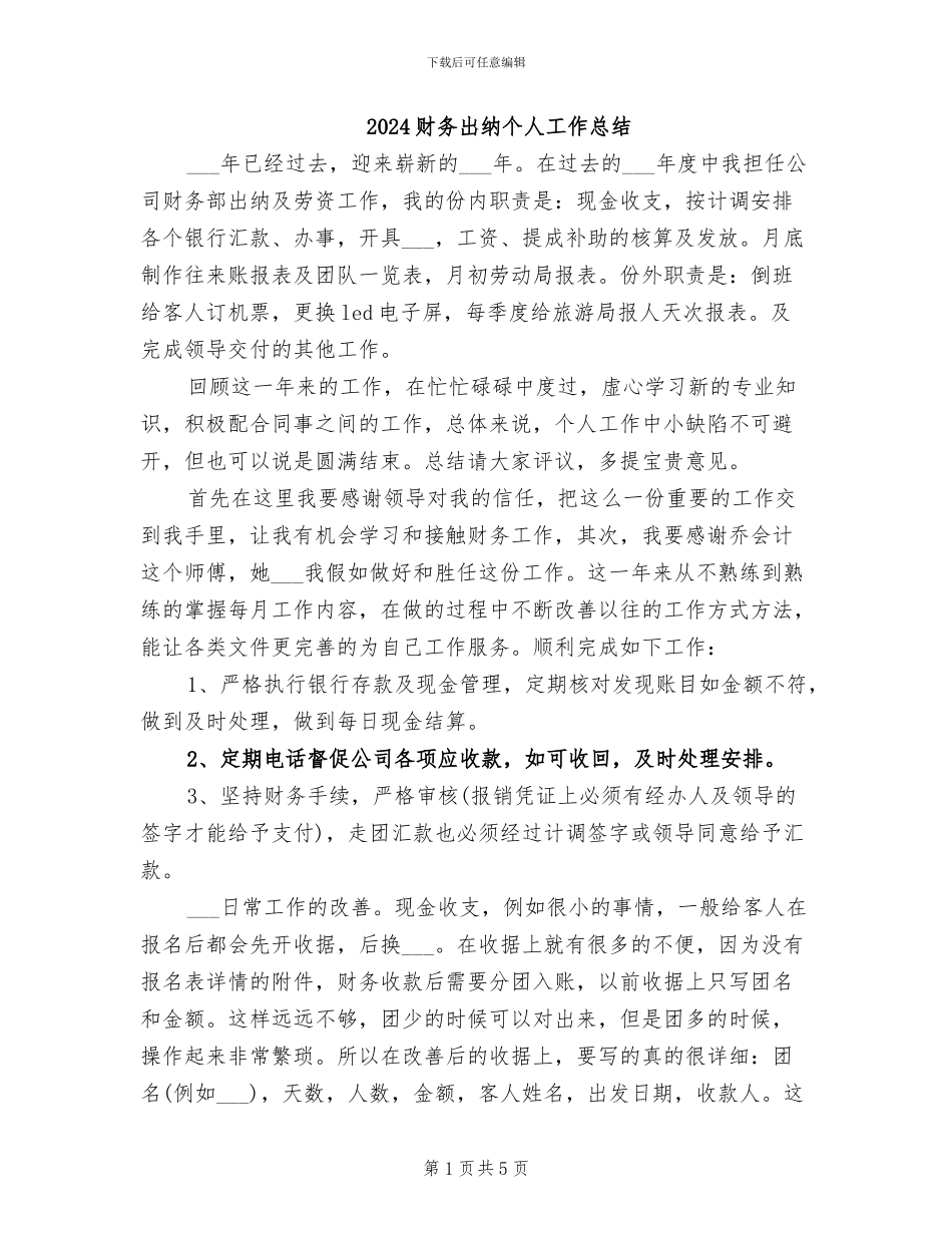 2024财务出纳个人工作总结_第1页