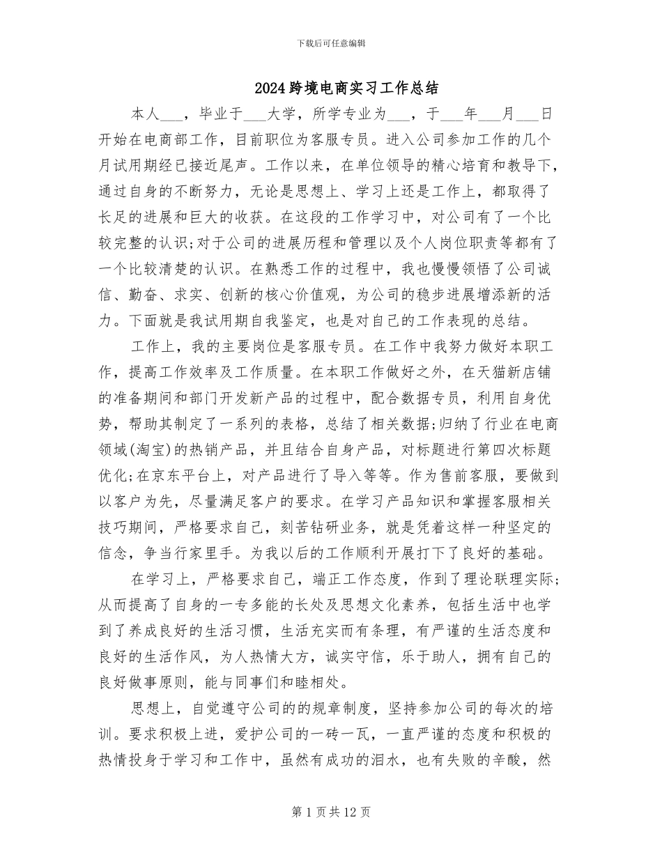 2024跨境电商实习工作总结_第1页