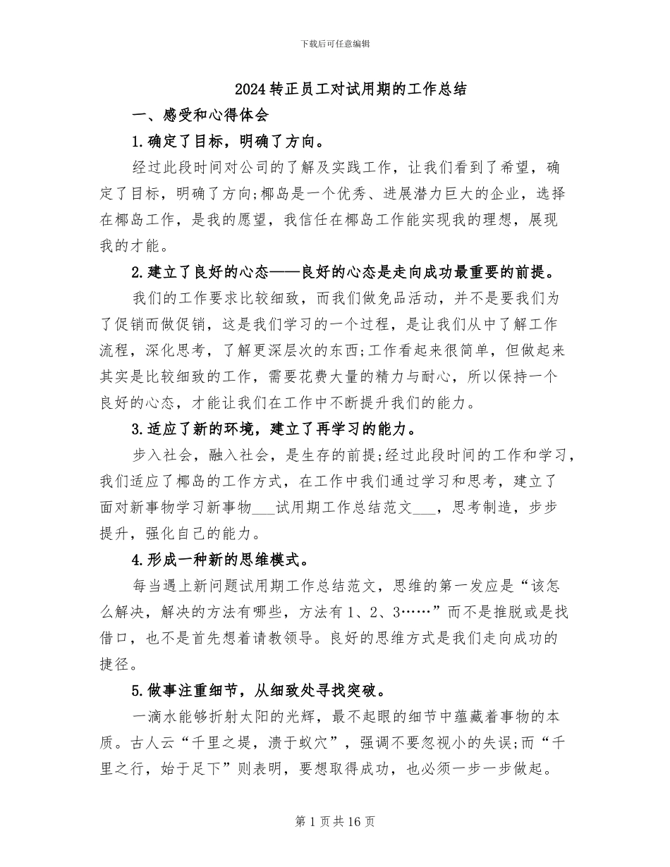 2024转正员工对试用期的工作总结_第1页