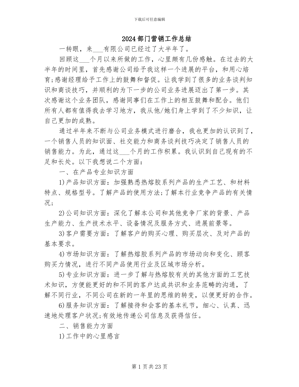 2024部门营销工作总结_第1页
