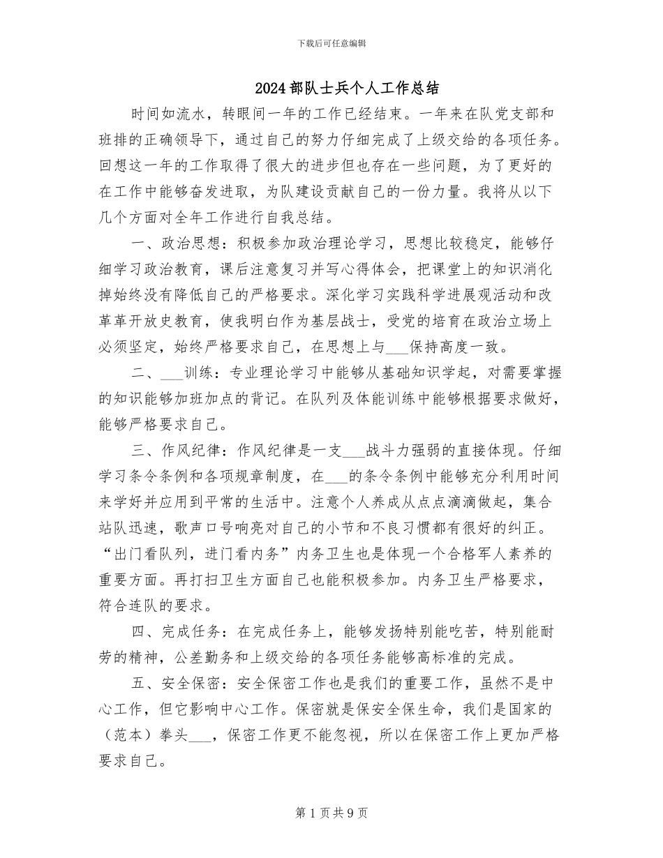 2024部队士兵个人工作总结_第1页