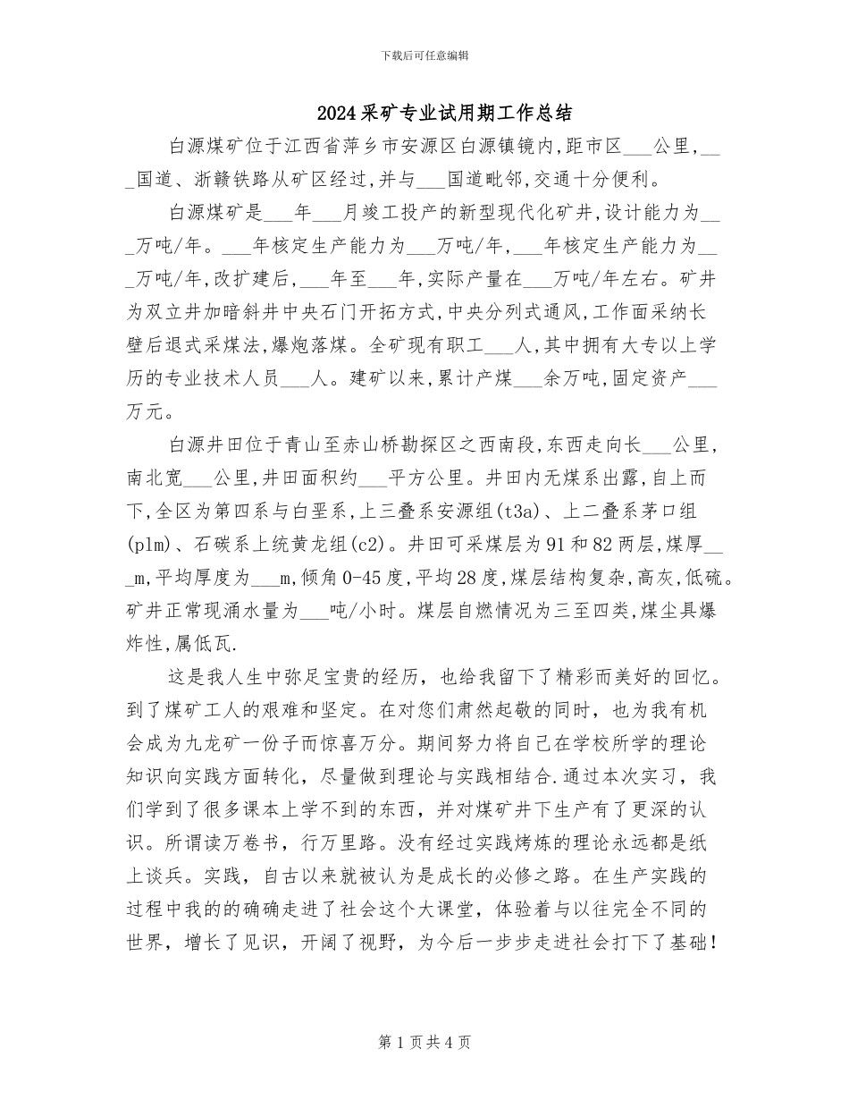 2024采矿专业试用期工作总结_第1页