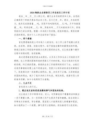 2024钢铁企业销售员工作总结及工作计划