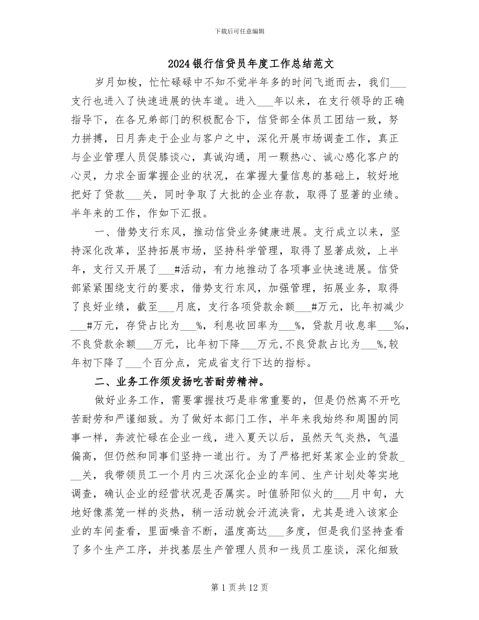 2024银行信贷员年度工作总结范文_第1页