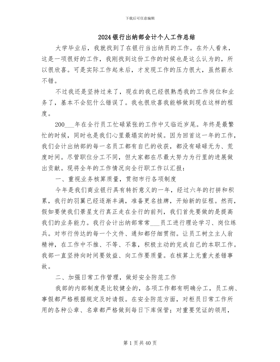 2024银行出纳部会计个人工作总结_第1页