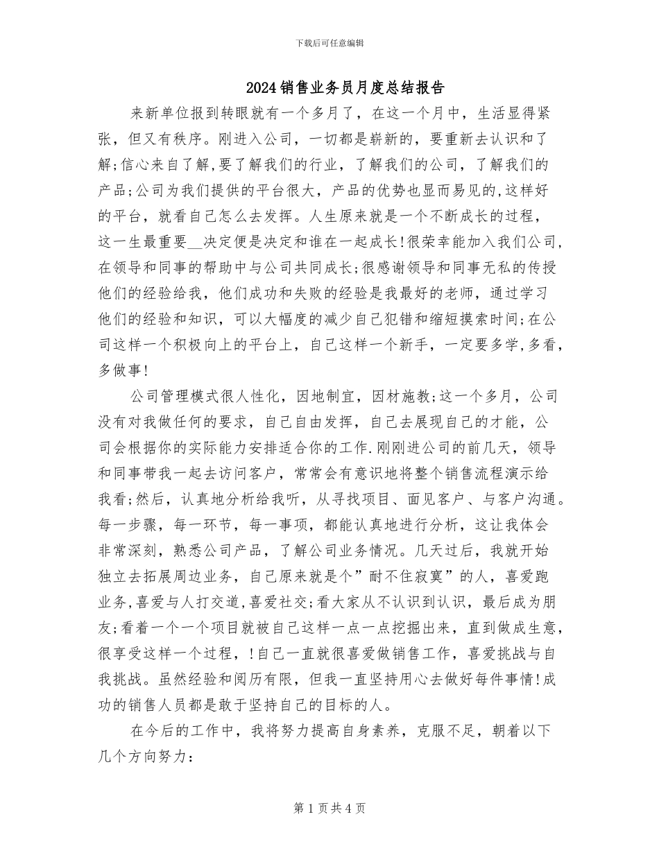 2024销售业务员月度总结报告_第1页
