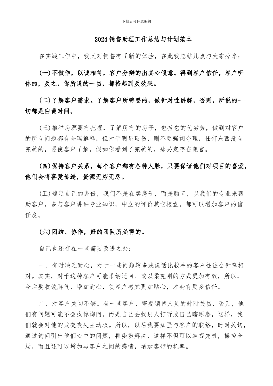 2024销售助理工作总结与计划范本_第1页