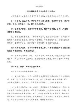 2024销售助理工作总结与计划范本