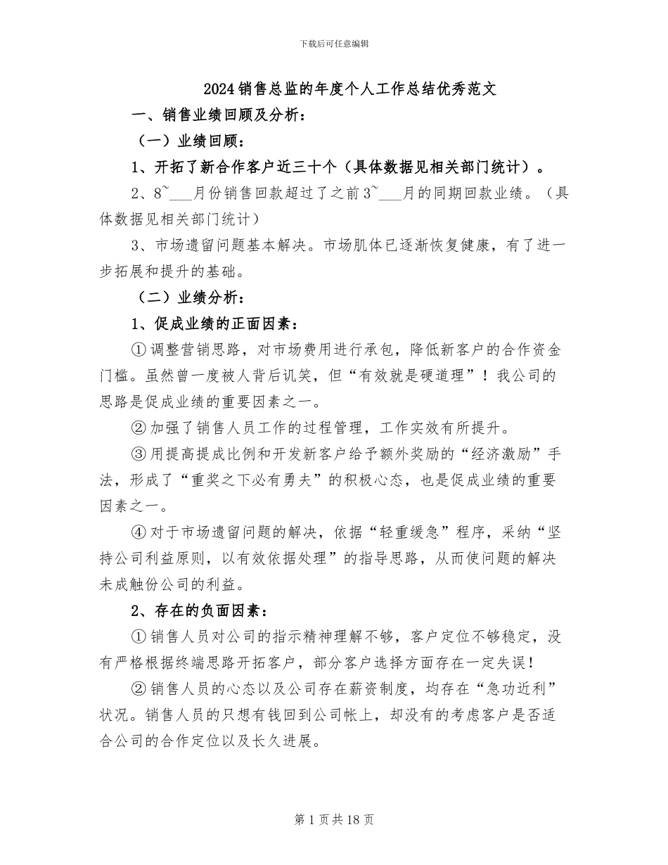2024销售总监的年度个人工作总结优秀范文_第1页
