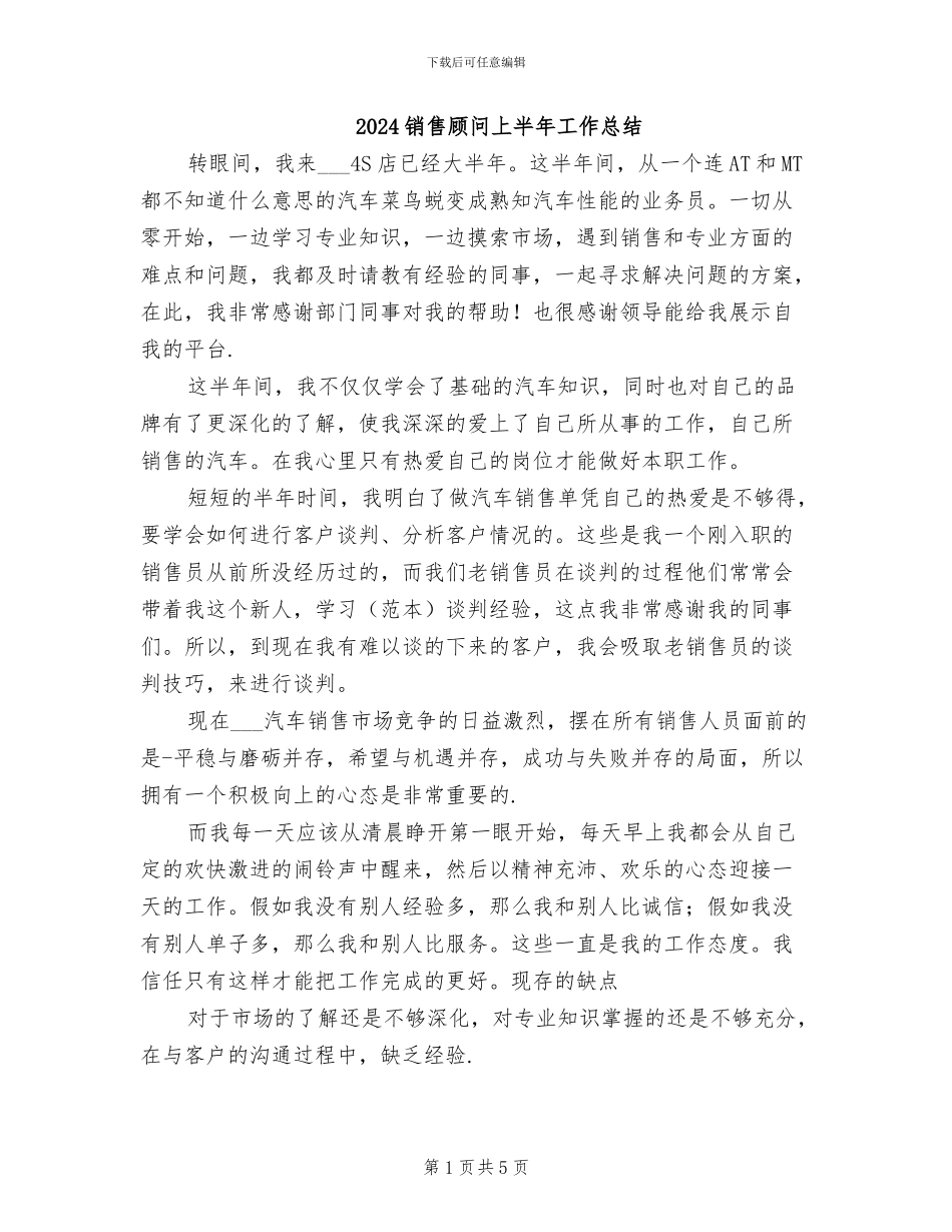 2024销售顾问上半年工作总结_第1页