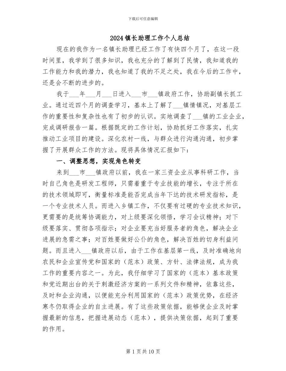 2024镇长助理工作个人总结_第1页