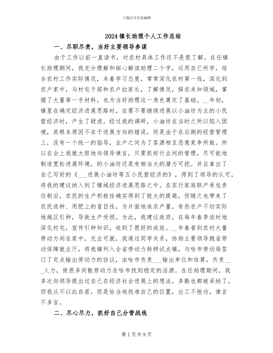 2024镇长助理个人工作总结_第1页