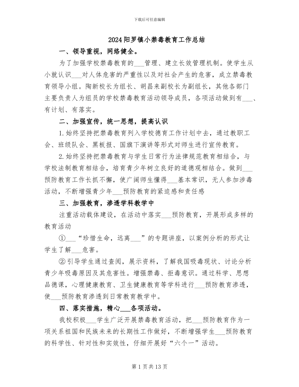 2024阳罗镇小禁毒教育工作总结_第1页