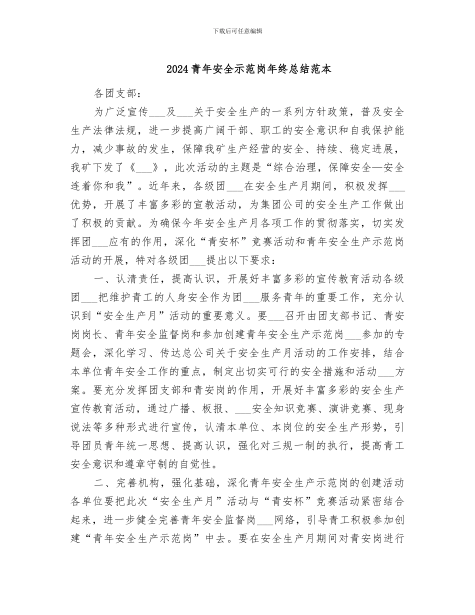 2024青年安全示范岗年终总结范本_第1页