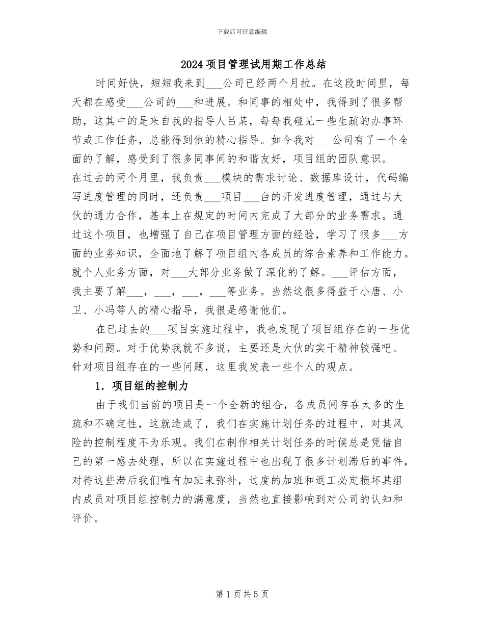 2024项目管理试用期工作总结_第1页