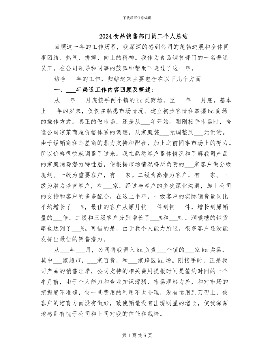 2024食品销售部门员工个人总结_第1页