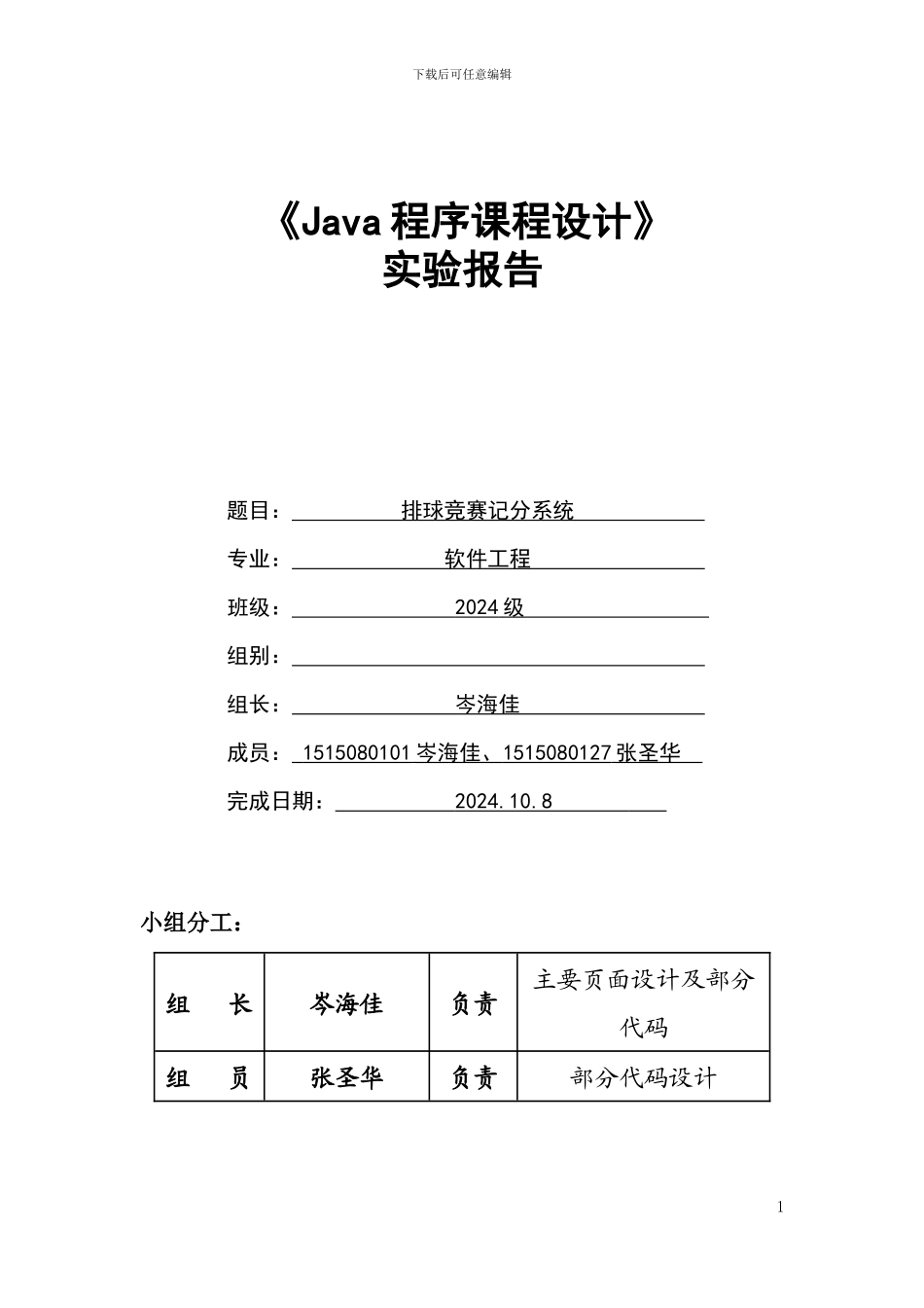Java课程设计实验报告_第1页