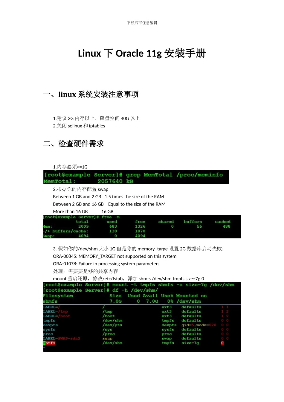 Linux下Oracle11g安装手册指导_第1页