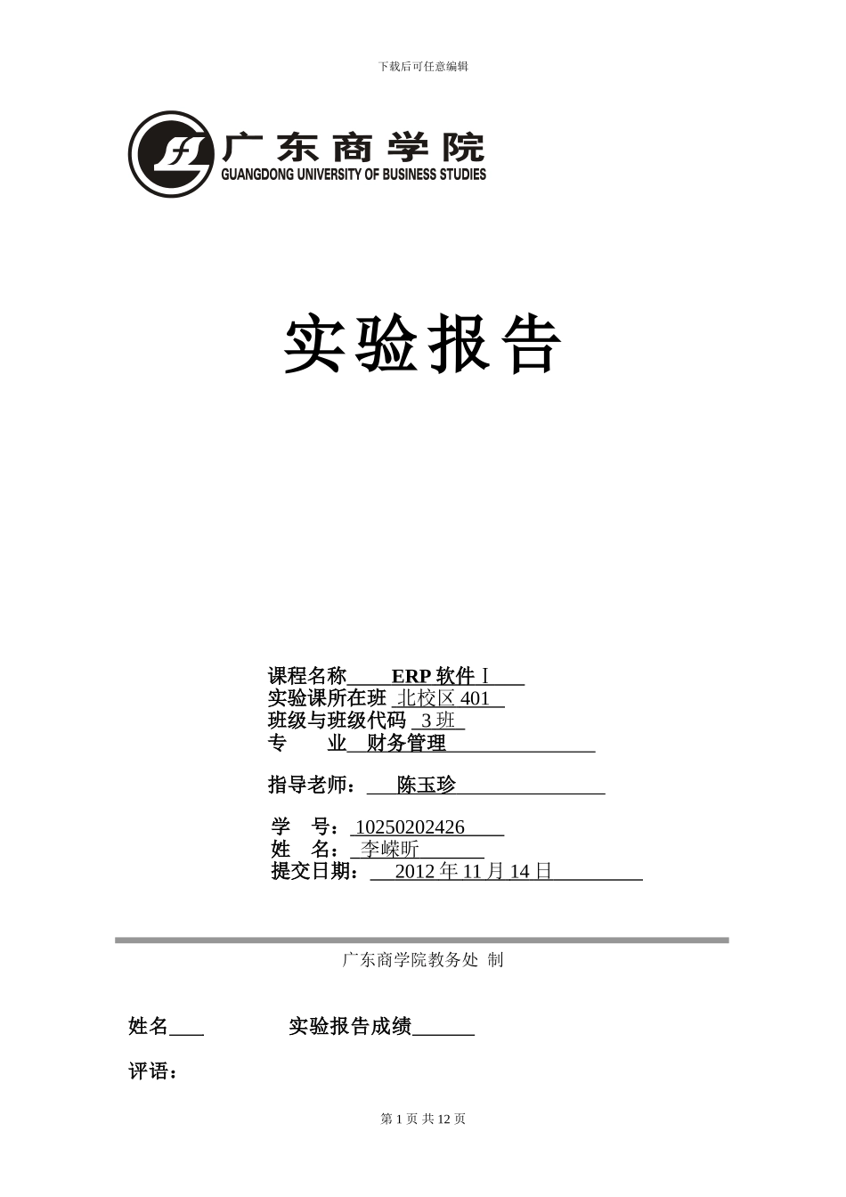 《ERP软件Ⅰ》实验报告-_第1页