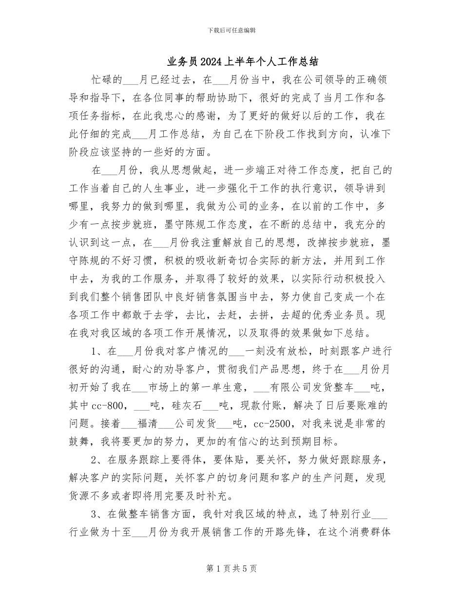 业务员2024上半年个人工作总结_第1页